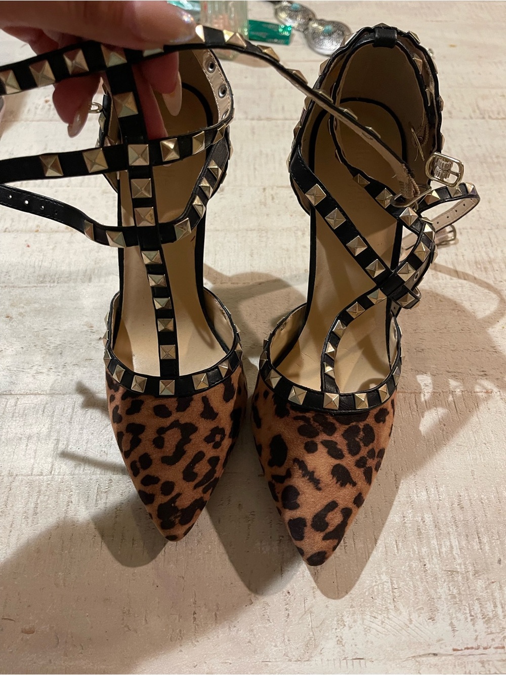 Charlotte Russe Leopard Print Pointed Studded Ankle-Strap Heels - Black & Brown